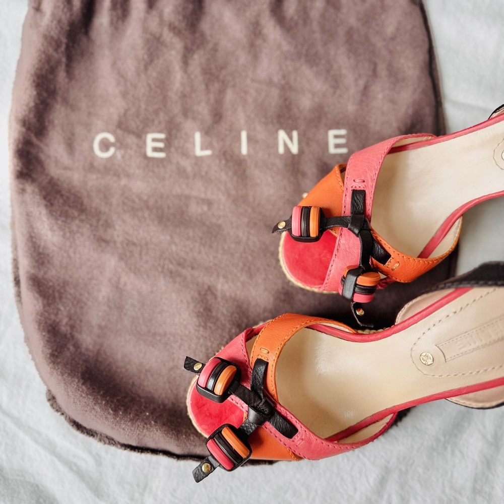 CELINE Espadrilles Wedge Slingback Sandals in Pink Orange and Black